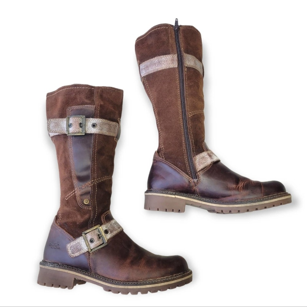Women's Brown Leather Suede Mid-Calf Buckle Winter Boots - Picture 2 of 10